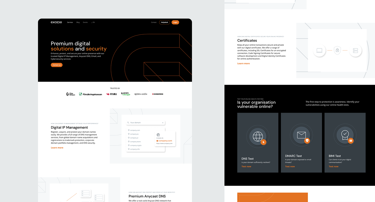 Webbdesign framtagen för Excedo, med strategisk struktur, konsekvent branding, responsiv layout och optimerad användarnavigering.