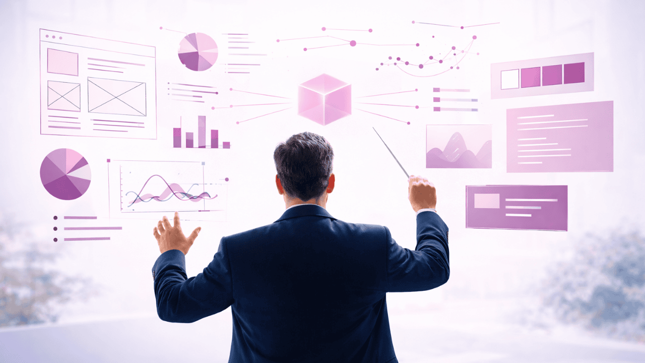 Kreativ ledare som dirigerar svävande AI-designelement i lila och rosa toner, symboliserar människostyrd artificiell intelligens.